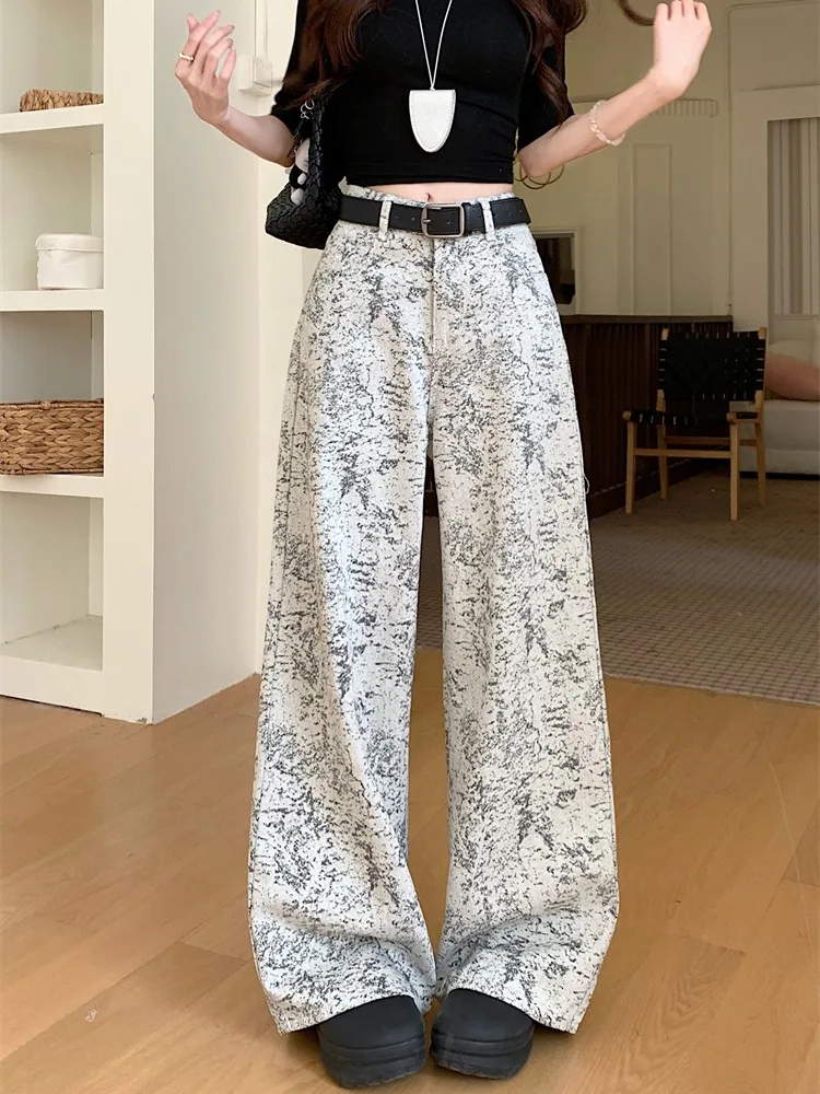 

American Retro Floral Embroidery Straight Leg Jeans Women's Spring New All-Match Casual High Waist Slim Wide Leg Pants
