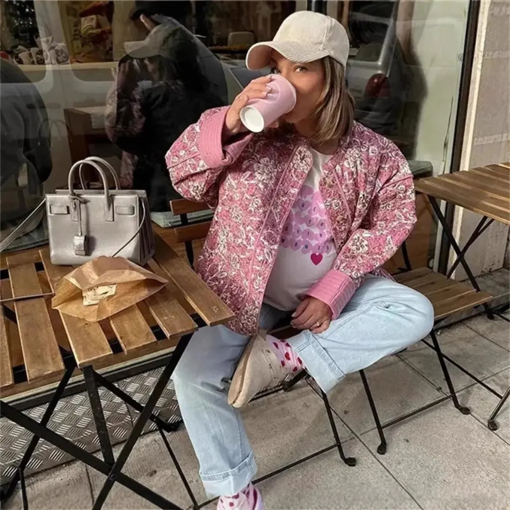 

Autumn Winter Thickened round Neck Long-Sleeved Printed Short Jacket Women's Cotton Style European American Fashion
