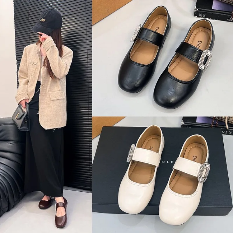 

Shoes for Women Autumn New Style Square Head Rhinestone Square Buckle Flat Bottom Mary Jane Single Shoes Women Zapatos De Mujer