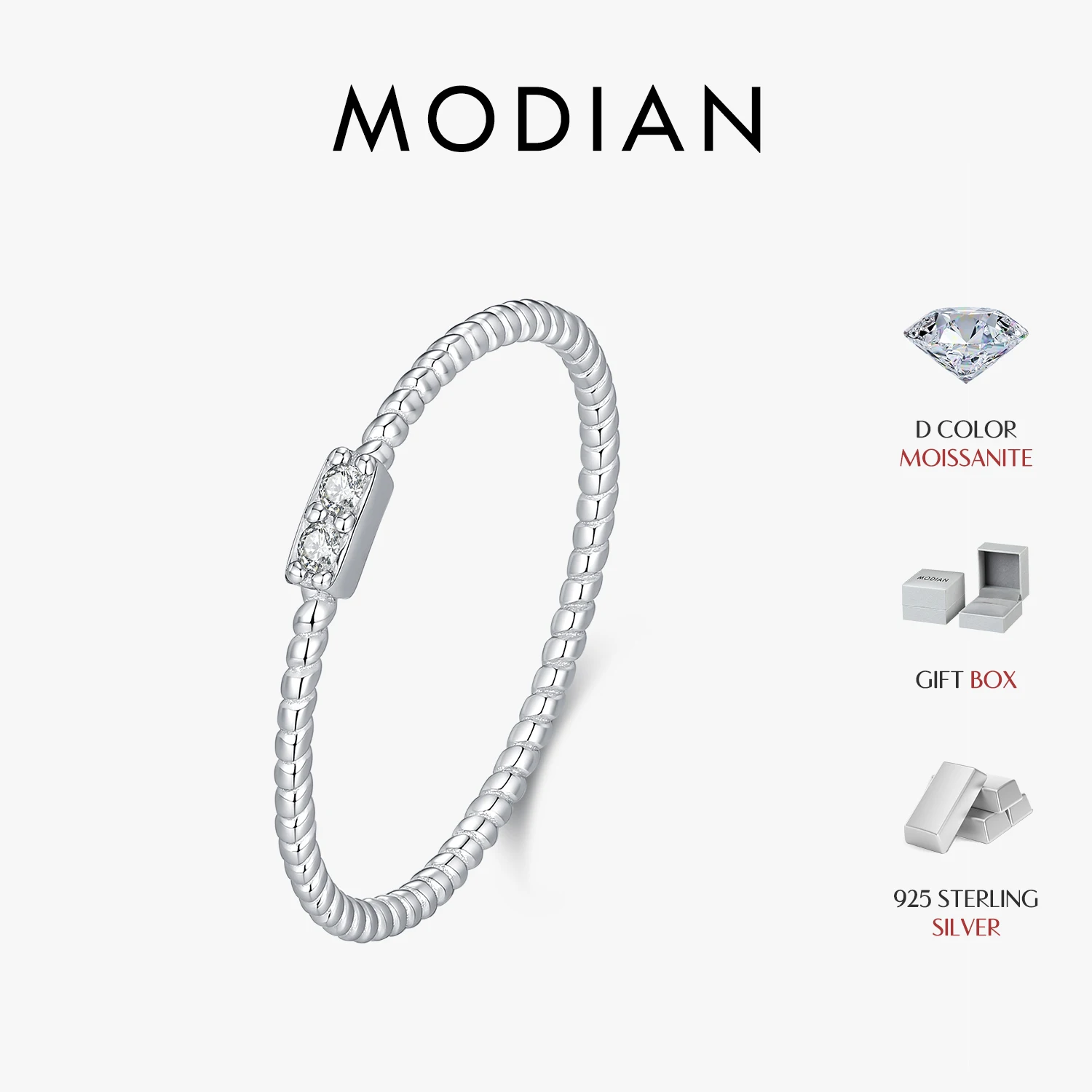 Anel de Dedo Fino com Linha Torcida em Prata Esterlina 925 com Moissanite Cor D e Diamante de Laboratório Simples MODIAN para Mulheres, Joias Finas, Presentes