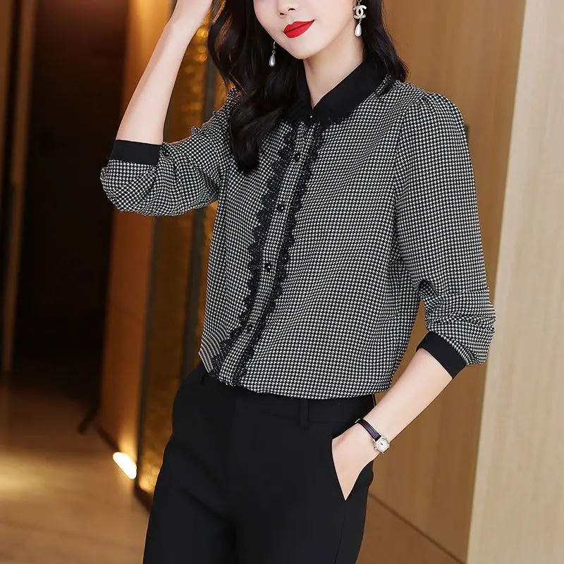 Fashion Lapel Spliced Lace Printed Houndstooth Shirts Women's Clothing 2024 Autumn New Loose Elegant Tops Office Lady Blouses