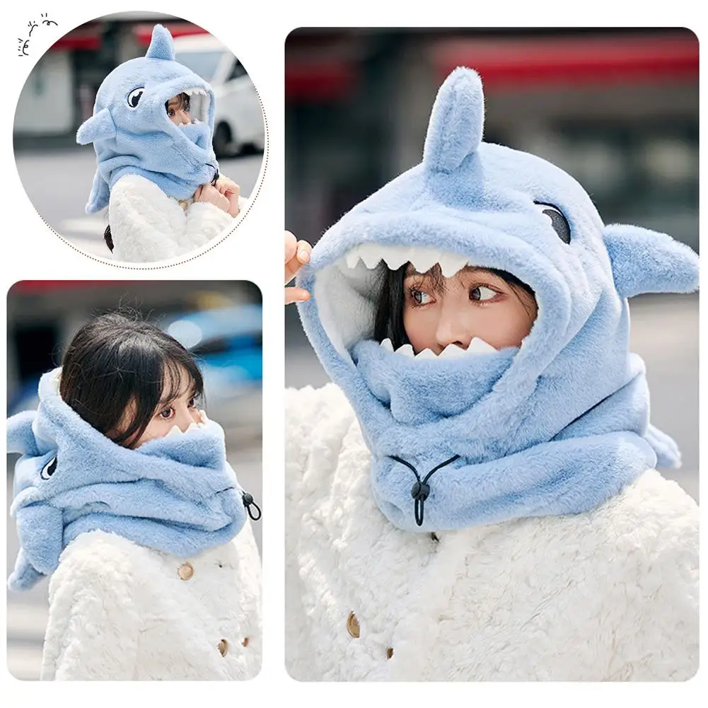 

Unisex Shark Design Warm Hat With Mask Integrated Ear Protection Winter Cycling Hat Cute Creative Ski Travel Helmet Plush Hat