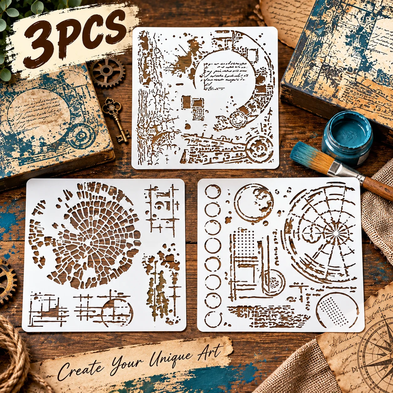 3PCS Abstract Texture Stencils Reusable Vintage Painting Templates for Wood Furniture Wall Canvas DIY Crafts Mixed Media Art