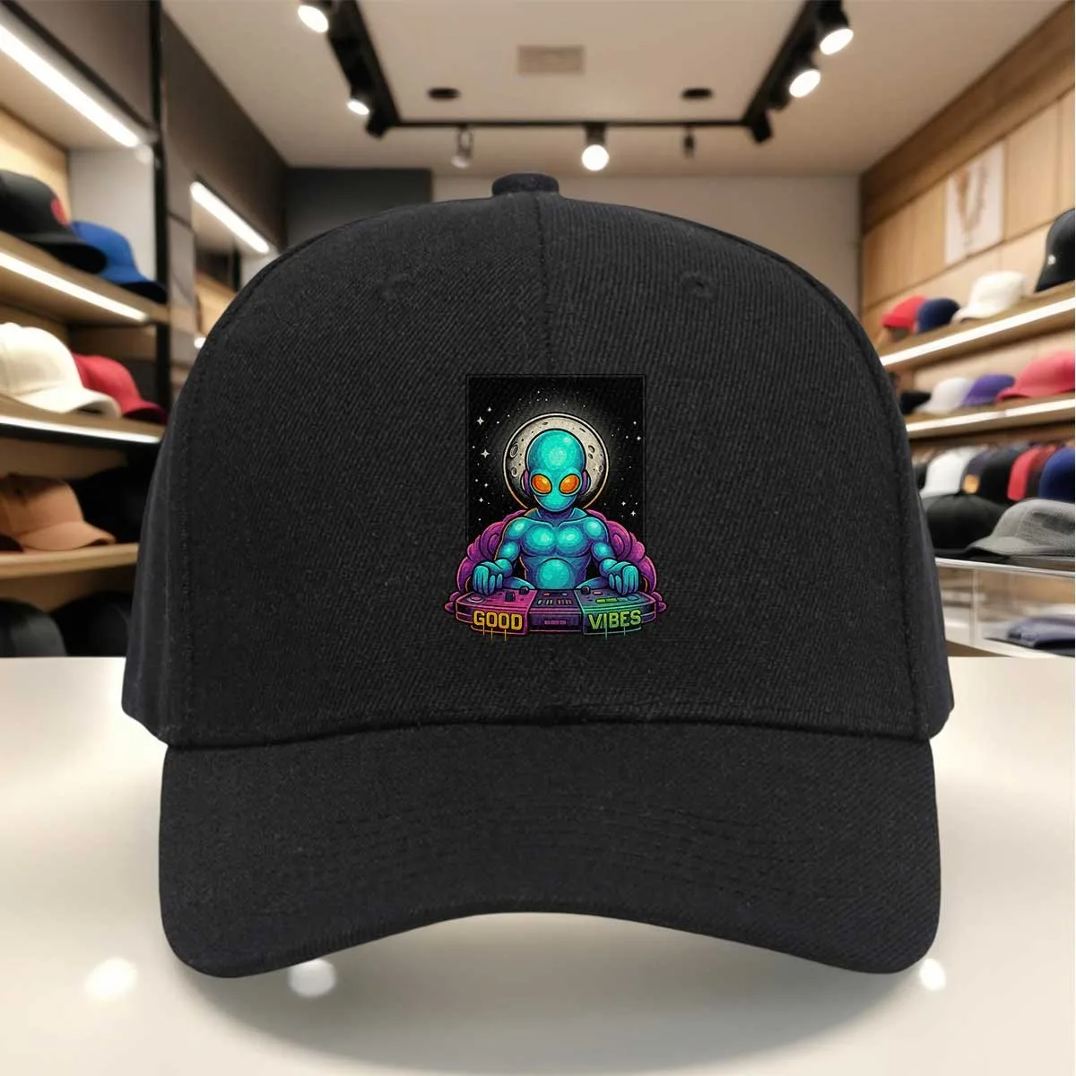 Alien DJ Baseball Cap with Good Vibes Print & Futuristic Alien, Adjustable Hook-and-Loop Hat Suitable for Music & Space Lovers,