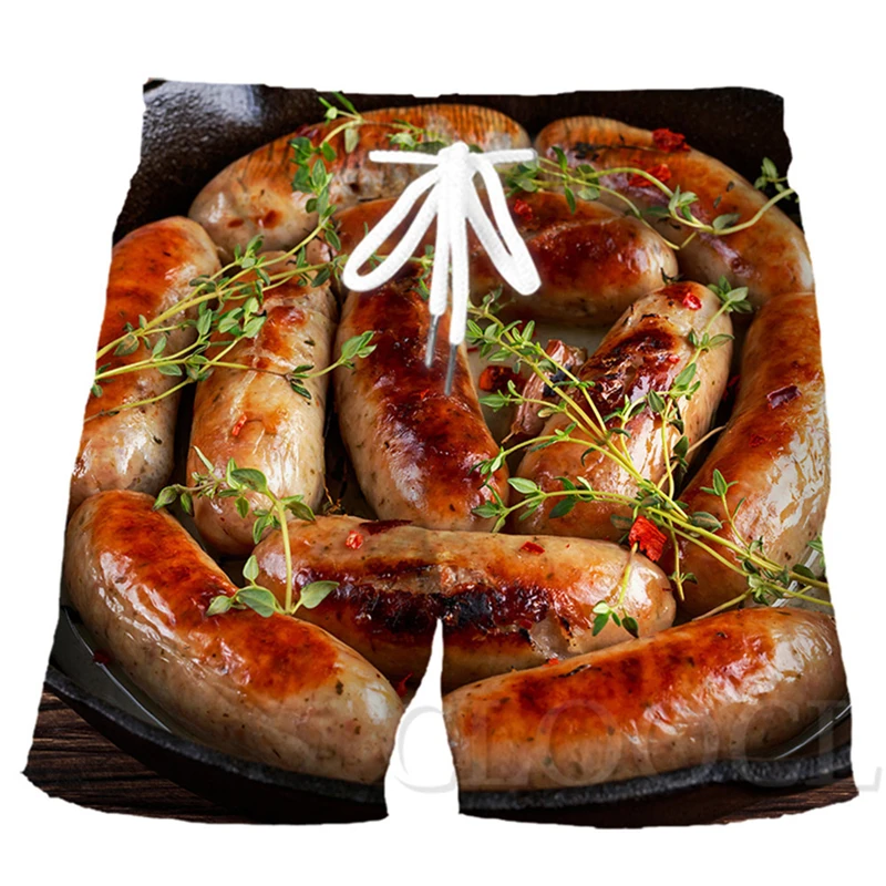 New 3D Printed Sausage Board Shorts Men Women Gourmet Food Graphic Beach Shorts Kids Running Fitness Loose Gym Ice Short Pants