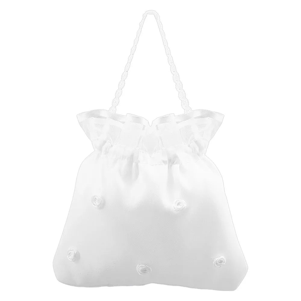 Bridal Money Bag Satin Bridal Money Handbag White Pearls Embroidery Silk Drawstring Handle Bag with Pearl for Dollar Dance