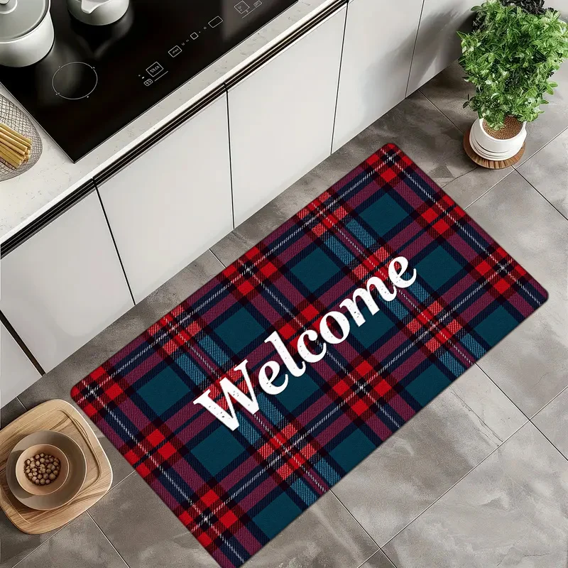 1pc British Style Scottish Plaid Welcome Doormat - Super Soft Imitation Flannel, Absorbent  Polyester, Machine Washable Non