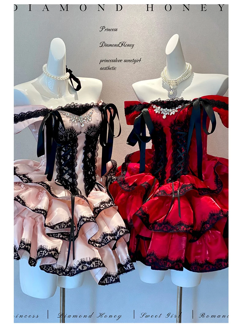 

2026 Spring and Summer Red Lolita Dress Lady Slim Fit Bow Lace Elegant Strapless Off- Shoulder Sexy Short Dress Princess Dress