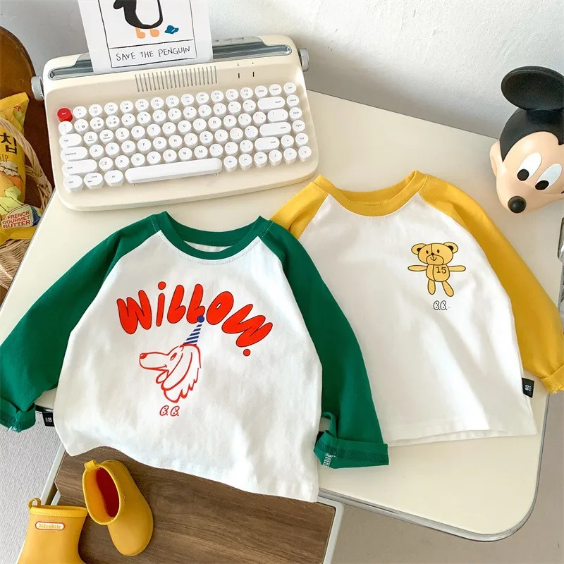 Children Long Sleeved T-shirt  Autumn Color Blocked Raglan Sleeves Boys Sports Shirt 3-8 Years Old Cartoon Printed Girls Top