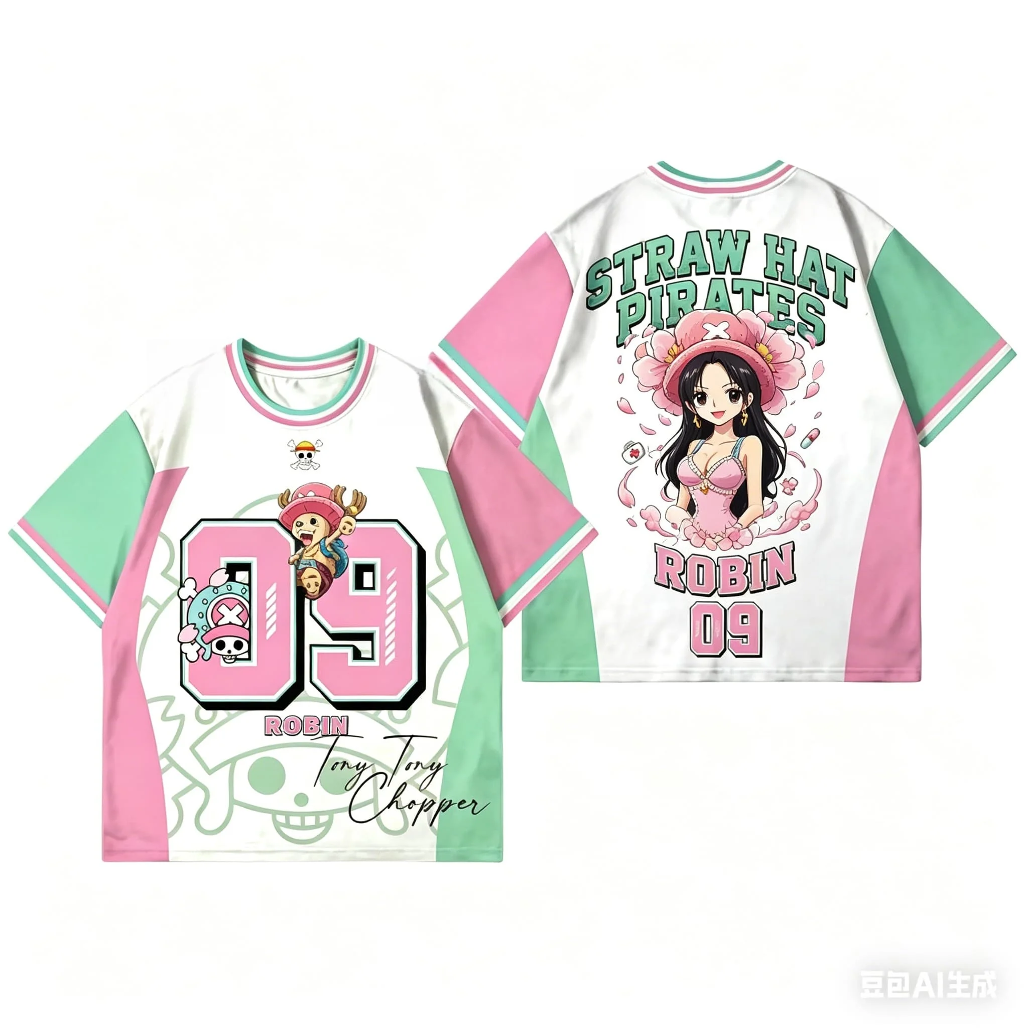 One Piece Tony Tony Chopper # 06 Jersey-T-Shirt, Herren Damen Weiß Rosa Blau Colorblock Kurzarm Anime Streetwear T-Shirt – Detail 7