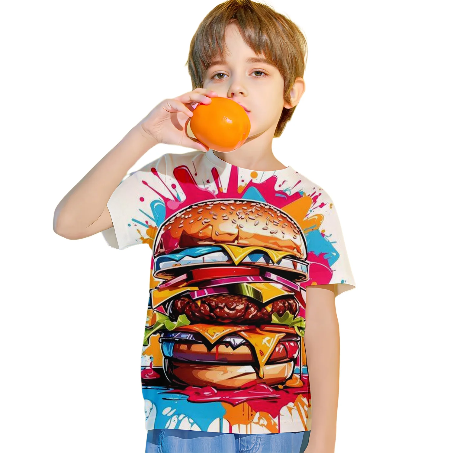 Children's Clothing Boys Tshirt Short Sleeve Creative 3D Hamburger Print Kids Summer Clothes Casual Fashion Round Neck Girl Tops