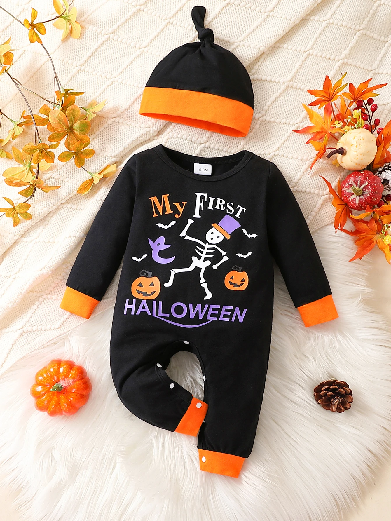 1 Stück Baby-Halloween-Strampler 2026, „Mein erstes Halloween“ Langarm-Strampler mit Kürbis-Geister-Print, Niedliches Krabbel-Outfit für Kleinkinder – Detail 1