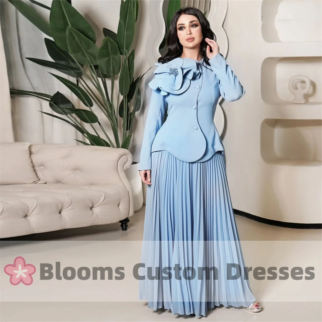 Blooms Customized 2 Piece Crepe Prom Gown Beads Flower Long Sleeves Pleated A-line Prom Dresses Elegant Party Dresses