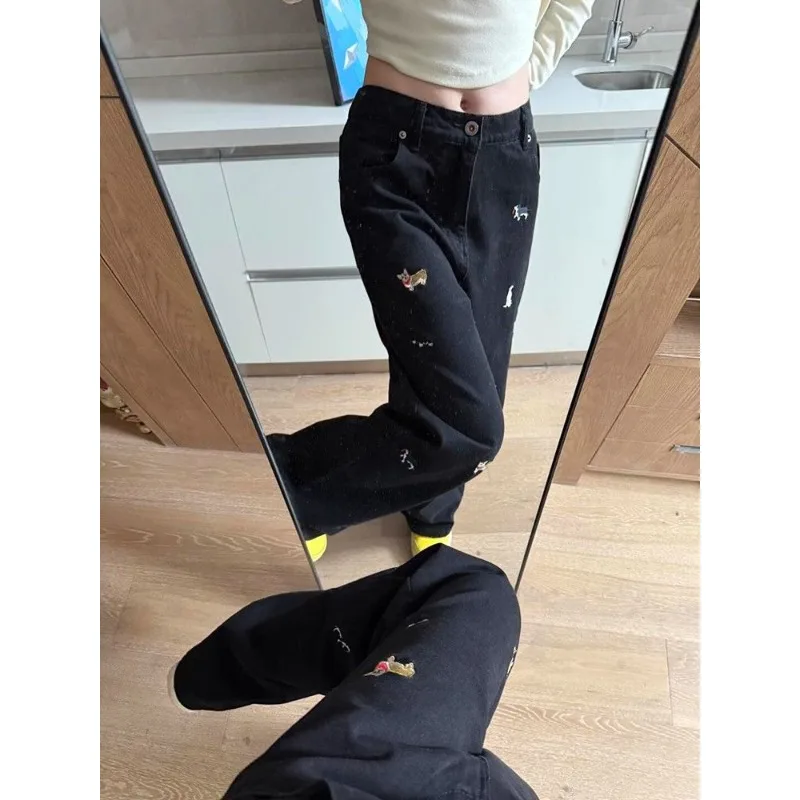 여성용 아메리칸 레트로 만화 워시 자수 청바지 여름 루즈 스트레이트 바지 다목적 긴 바지 캐주얼