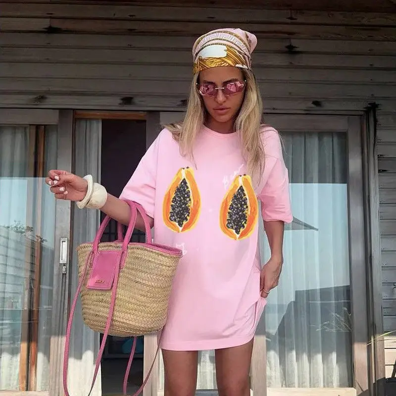 Camisetas rosas con estampado de frutas para mujer joven, camiseta de manga corta de algodón puro 100%, ropa Kawaii para vacaciones, calle 2025