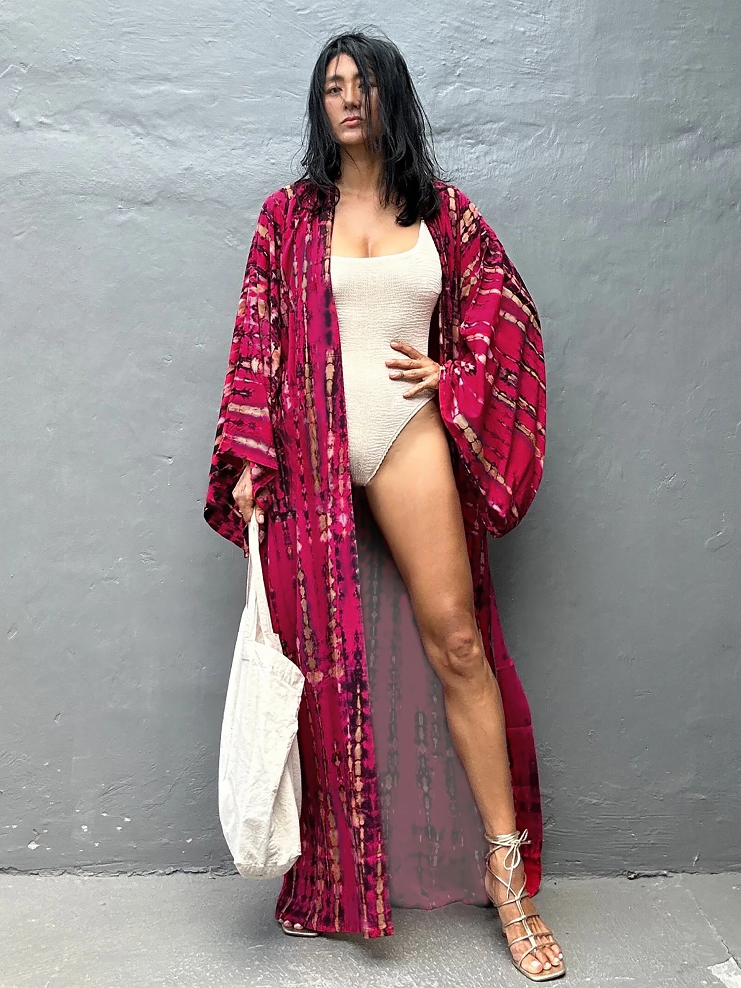 New Striped Tie Dye Kimono Beach Cape Women Bikini Cover Up Pareo Have Belt Separately Cardigan Summer Outfits Dresses Beachwear