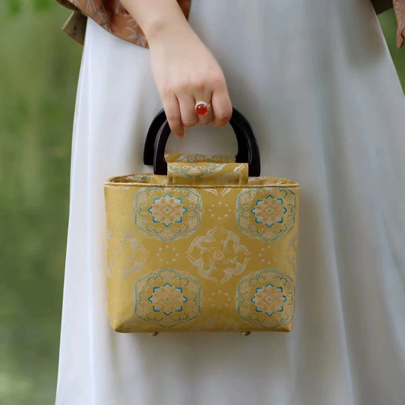 Retro Brocade Single-shoulder Crossbody Chinese-style Solid Wood Handle Handbag Formal Ethnic Style Women's Dress Matched Bag
