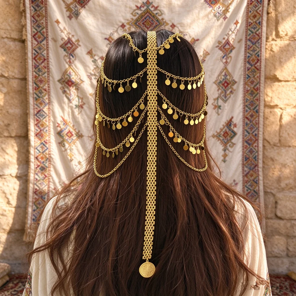 Ethnic Gold Coin Hair Chain Women Desert Bridal Hair Accessory Photography Prop Persian Arabian Wedding Headpiece