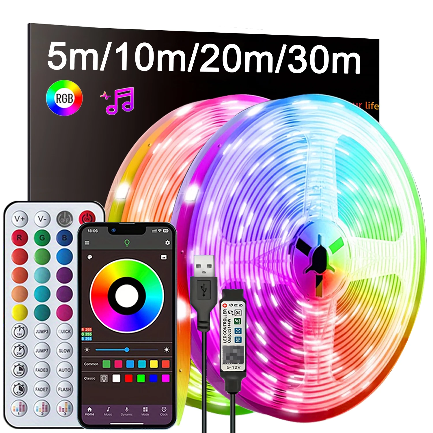 Strisce LED RGB per stanza 1M 5M 10M 20M 30M USB 5V Sincronizzazione musicale APP Controllo Nastro LED Nastro flessibile per la decorazione domestica della camera da letto