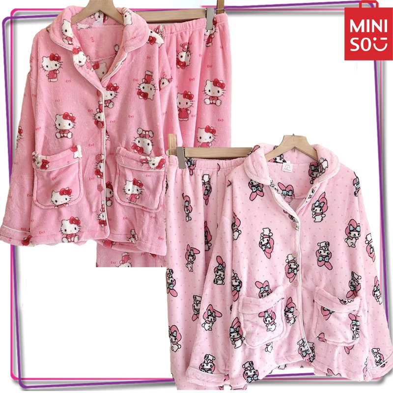 

Miniso Sanrio Hello Kitt My Melody Women's Home Fur Coral Plush Warm Pajama Set Y2K Winter Casual Pants Pajama Gift