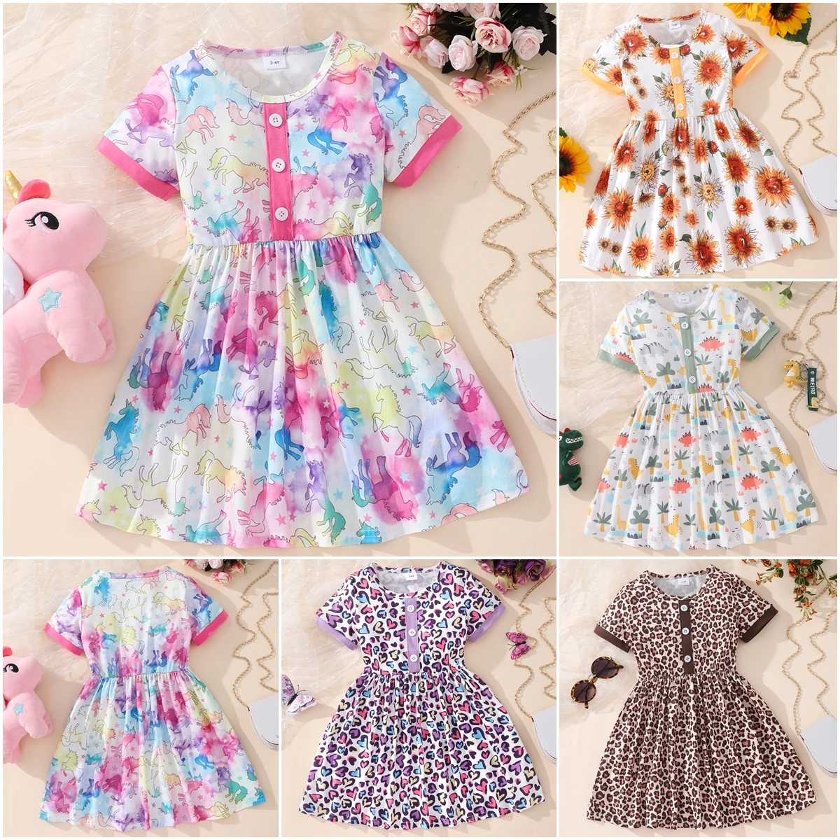 Summer Princess Dresses Girls Clothes 2-7Years Sweet Flower Rainbow Dinosaur Short Sleeve Dresses Toddler Clothes Summer Dress