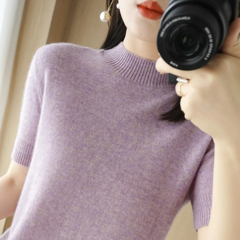 Spring Autumn Women Sweater Casual Warm Bottoming Shirts Mock Neck Basic Knitwear Short Sleeve Pullovers Korean Fashion Jumper