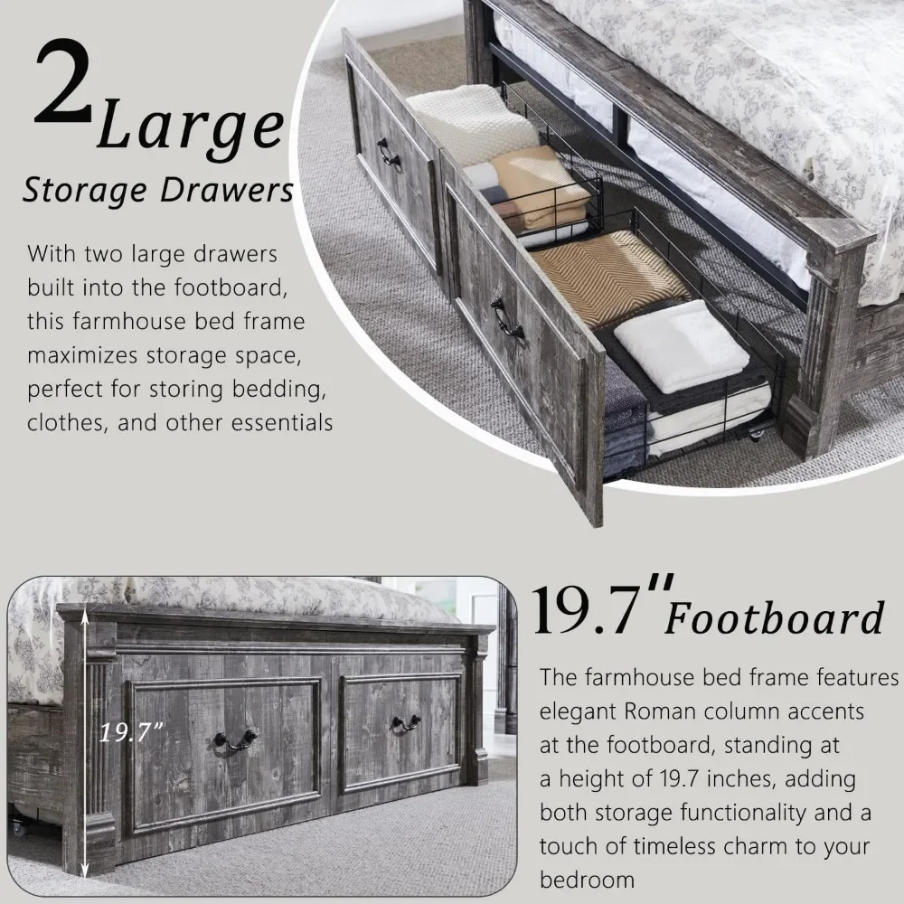 إطار سرير بحجم كوين مع لوح رأسي بطول 51 بوصة، إطار سرير بمنصة خشبية مع لوح قدم مزخرف بعمود روماني بطول 20 بوصة #5