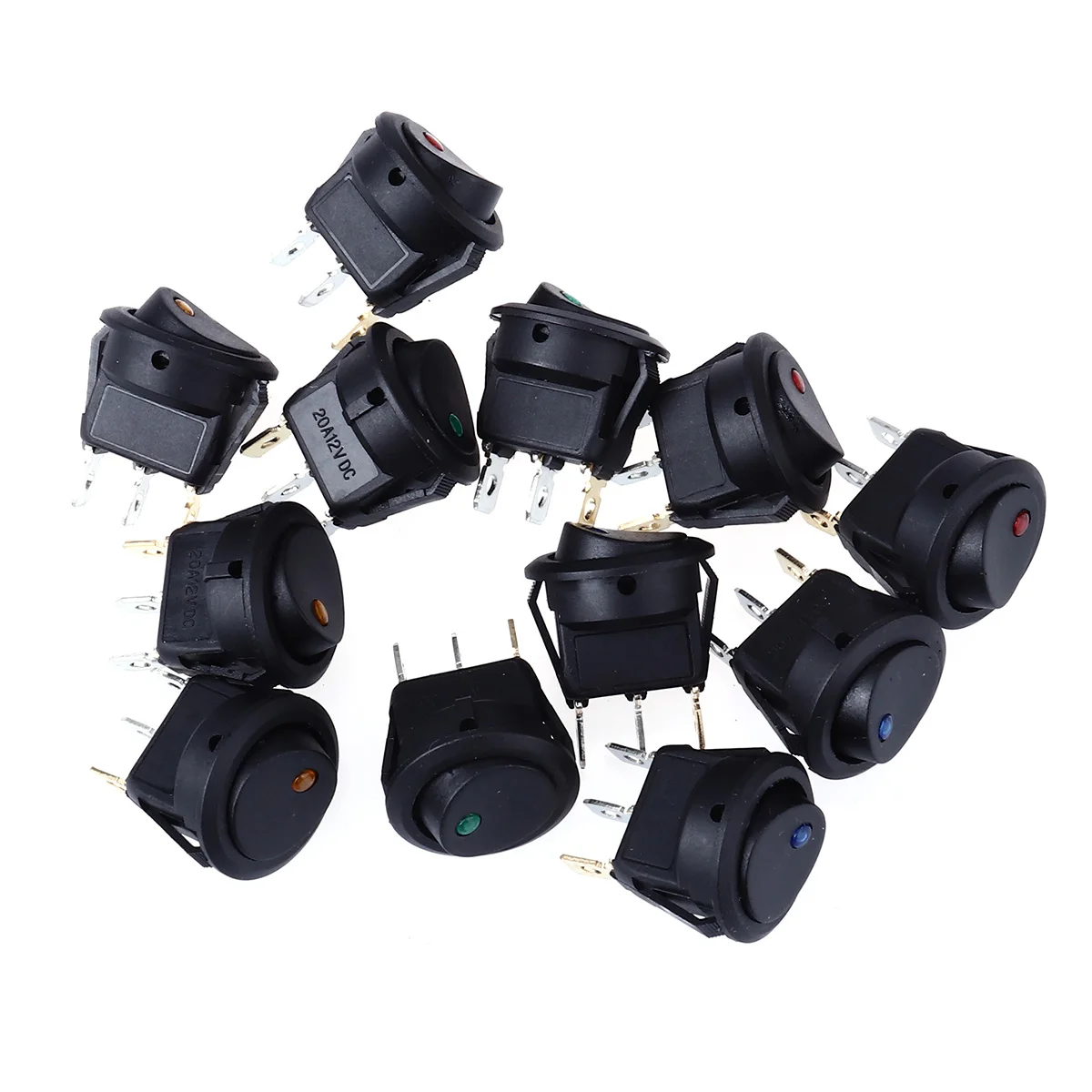 

12 pcs 12V 20A Led Rocker Toggle Switch Spst On-Off Control With Earth Connection For Car Truck Round Panel Mount Dot Style
