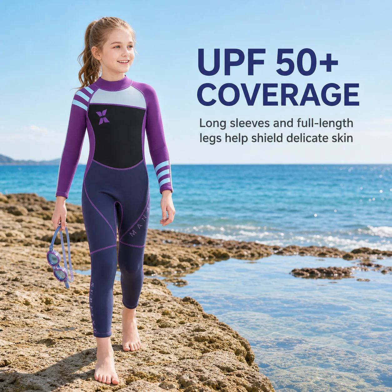 DIVE&SAIL Girls 2.5mm Neoprene Wetsuit Full Body Kids Thermal Swim Suit UPF 50+ for Diving Surfing Snorkeling