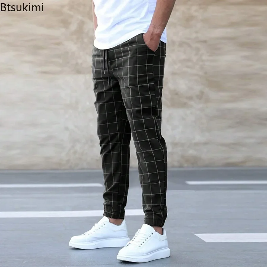 2024 Men's Casual Pants New Plaid Drawstring Elastic Waist Design Pants Trendy Streetwear Men Loose Sport Trousers Joggers Pants
