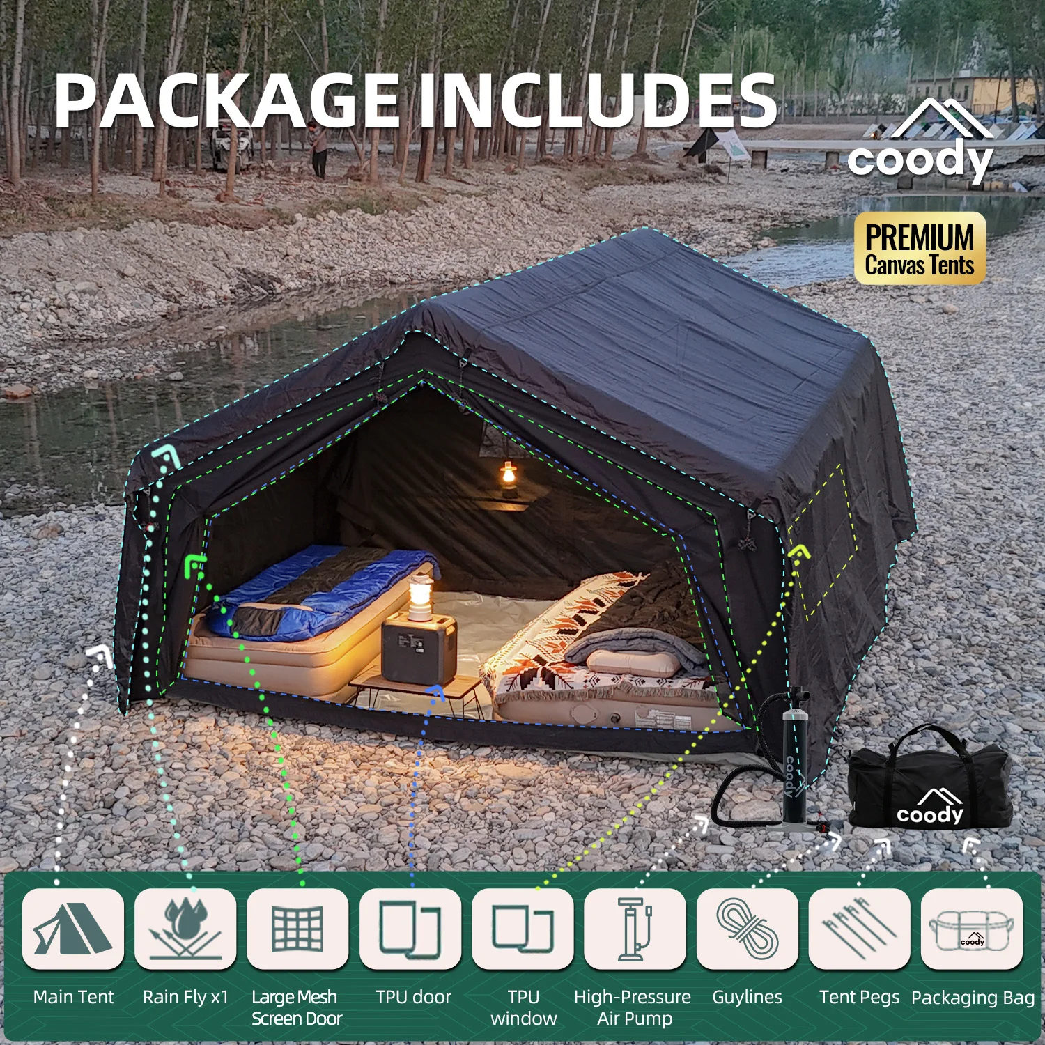 

Надувная палатка Coody 13.6 Air Tent-Black для кемпинга на открытом воздухе, 4-8 местная, портативная, для семейного отдыха на природе