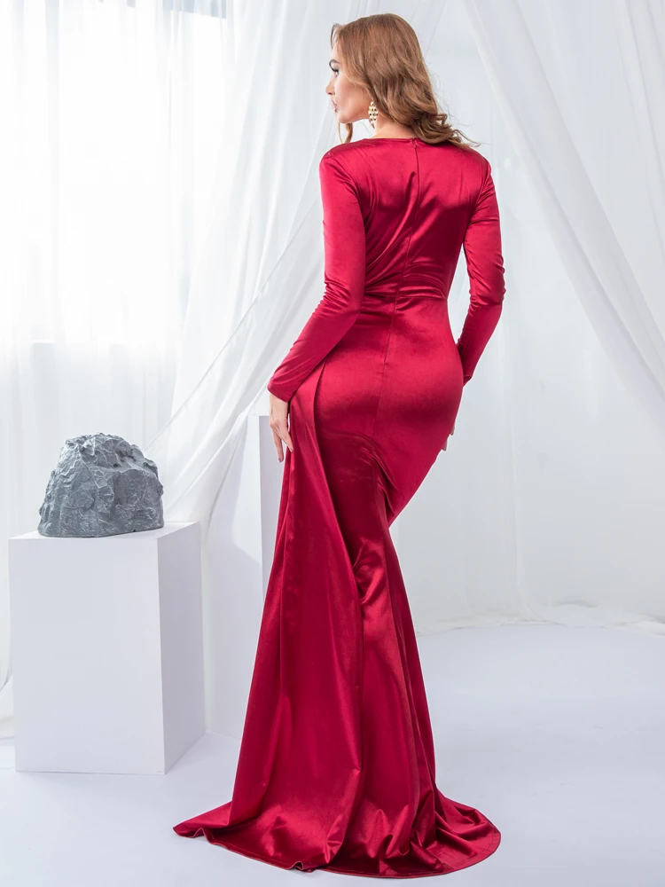 Long Sleeve Shiny Stretch Satin Party Dress V Neck Floor Length Mermaid Long Train Green Burgundy Maxi Dress