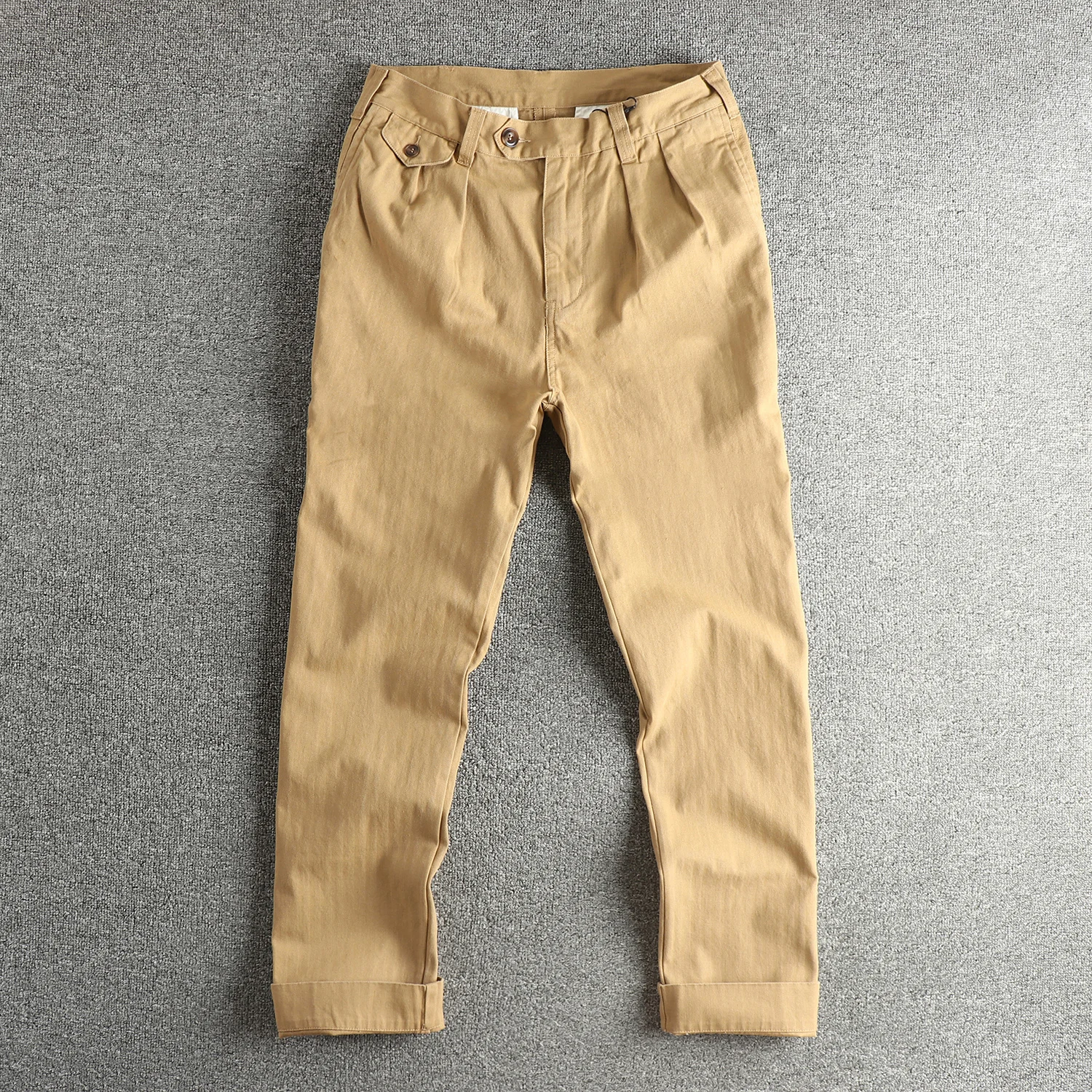 

American Retro Fishbone Woven Cotton Pleated Design Trend Men's Casual Trousers in Loose Straight Style Trendy Workwear Pants