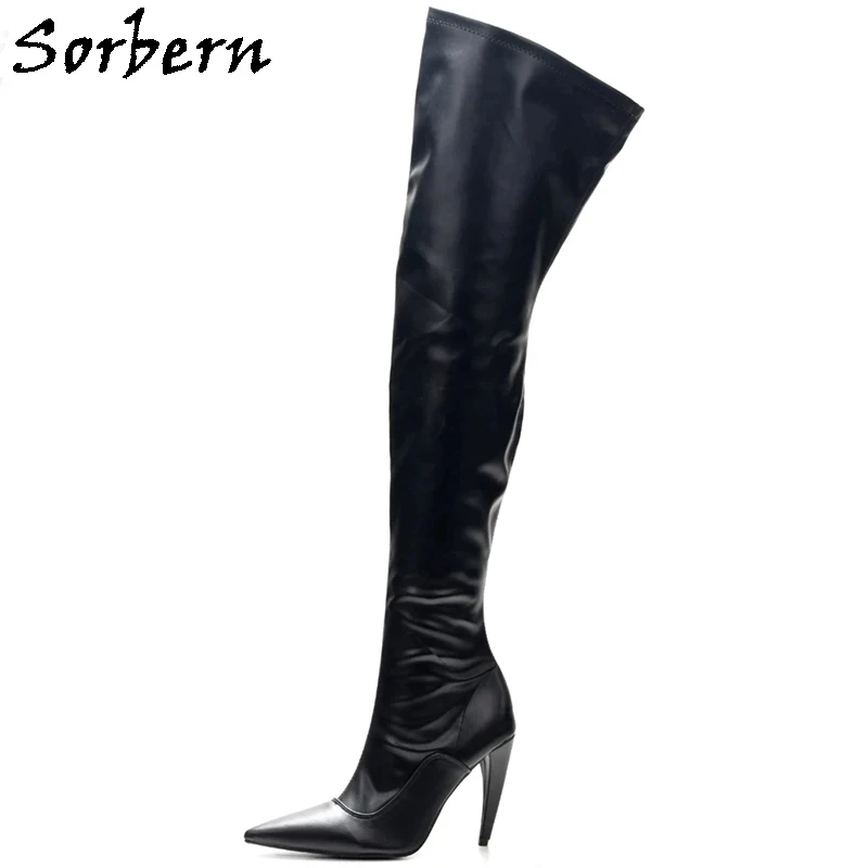 

Sorbern Customized Cute Curved Heel Boots Unisex Mid Thigh High Pointed Toe Streched Fetish Long Boot