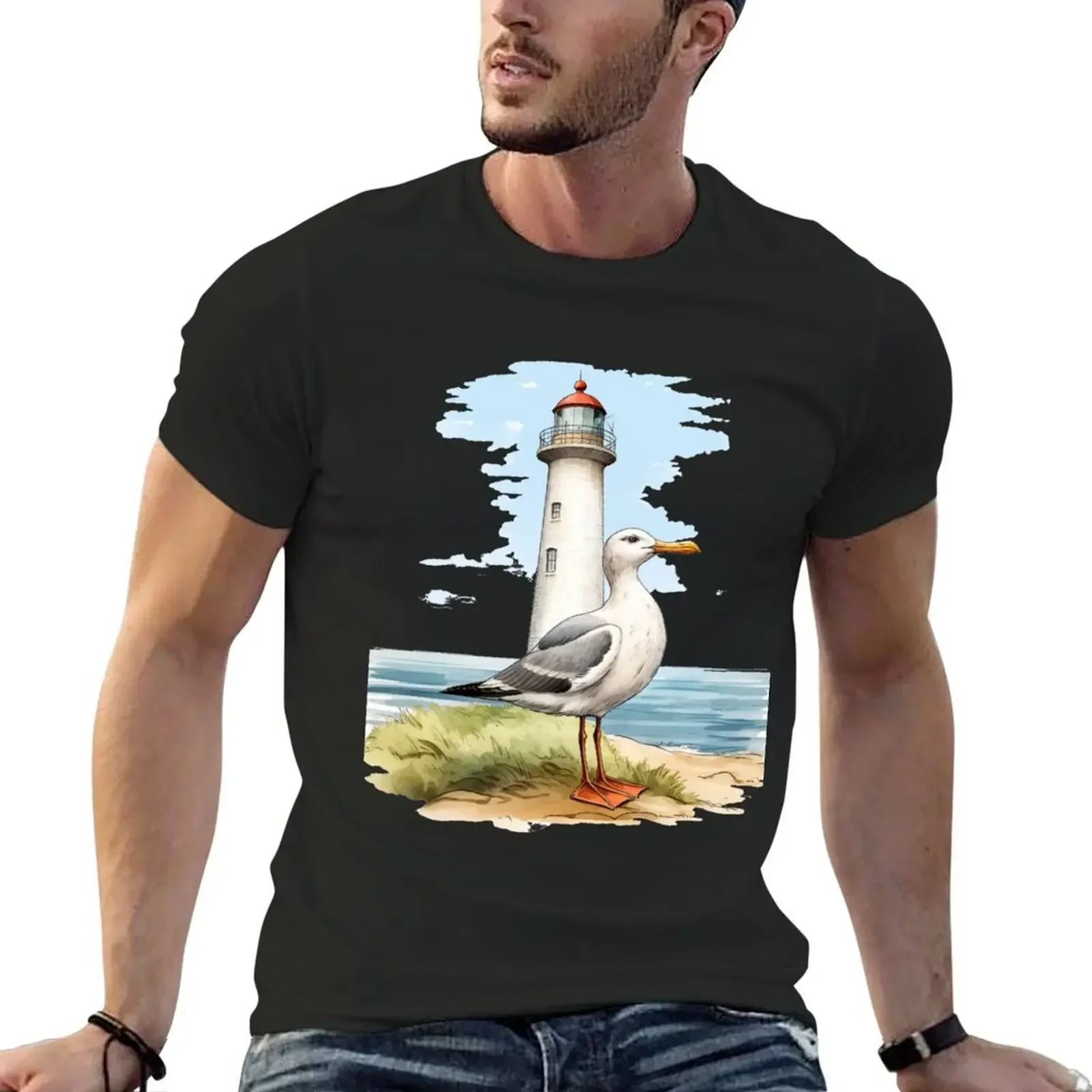 Lighthouse with a gull northsea T-Shirt graphic shirts boys whites shirts graphic tee mens plain t shirts