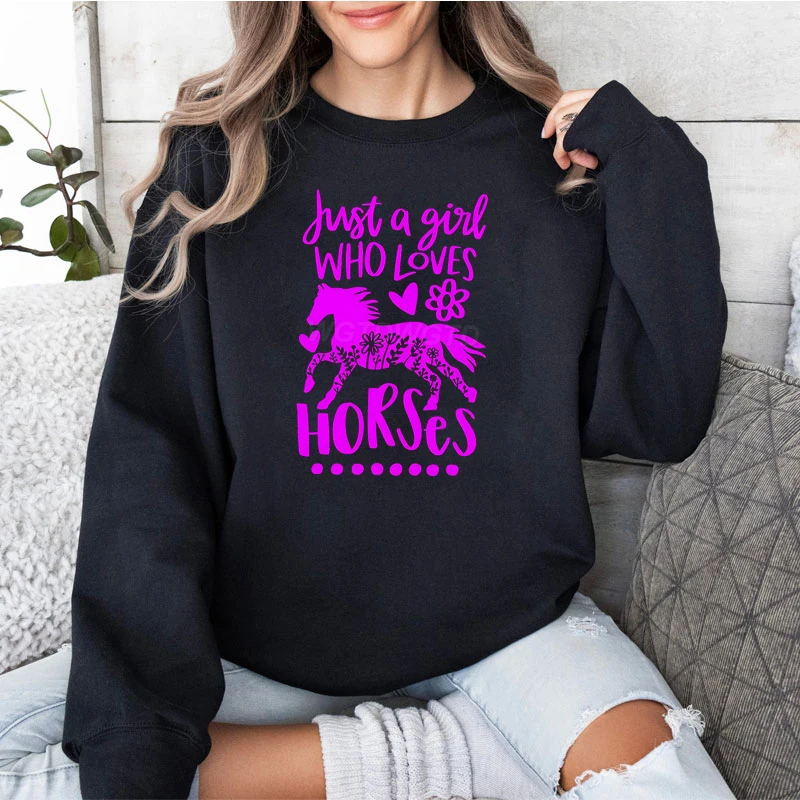 Horse Lover Gift for Women Cartoon Sweatshirt Just A Girl Who Loves Horses Floral Cowgirl Sweatshirts Horse Girl Farm Hoodies