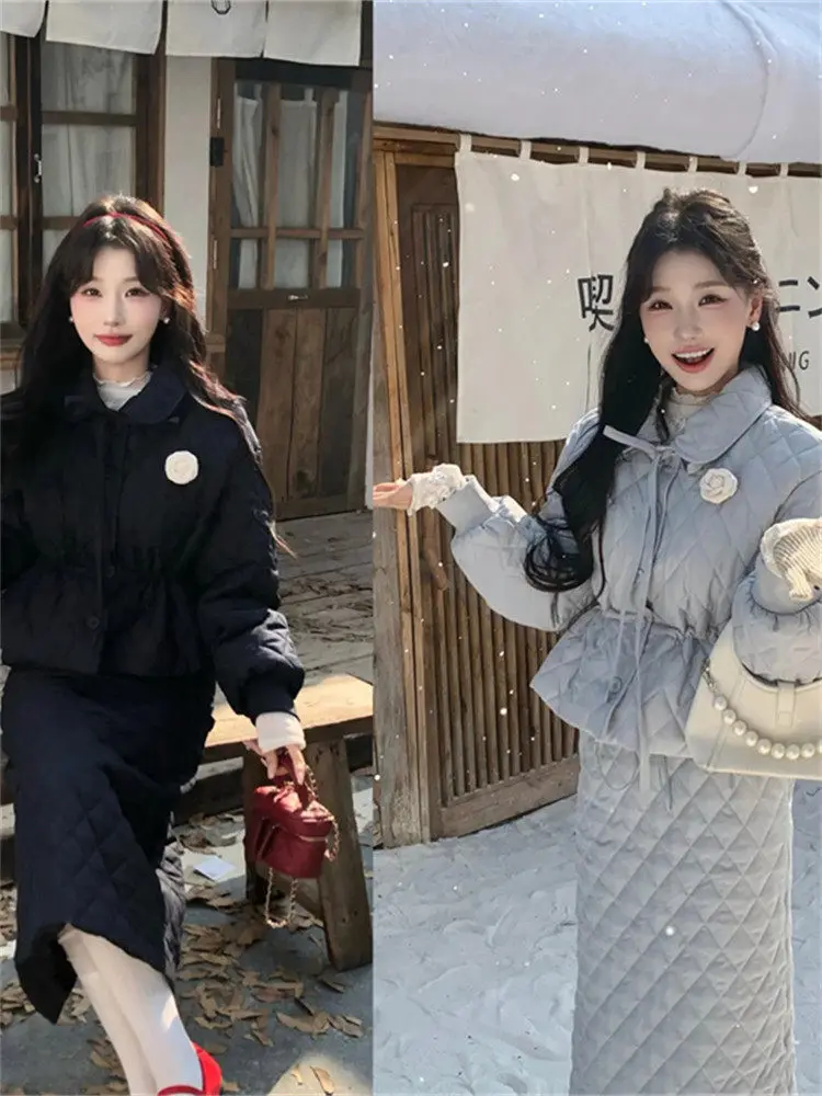 

Корейский мягкий Ele женский хлопковый комплект из джата и юбки, Новое поступление зимы, утягивающая юбка-миди с высокой талией, комплект из двух предметов