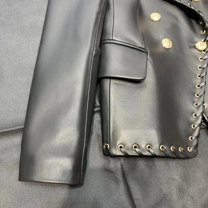 Women Coat Spring And Autumn 2023 New Fashion Genuine Leather jacket Turn-Down Collar Double Breasted Pleated Edges