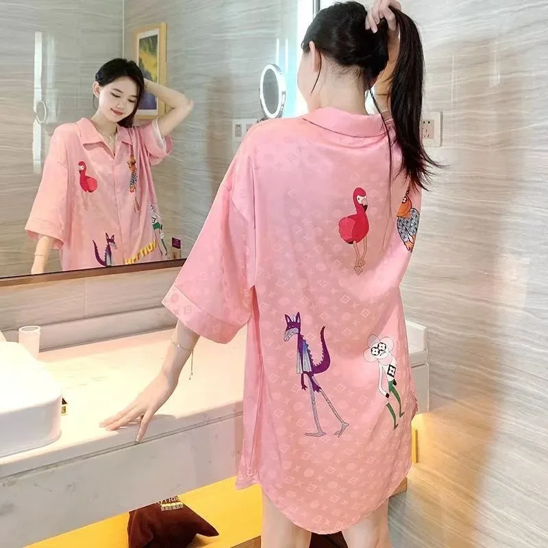 2024 New Extra-large Short Nightdress Women Summer Loungewear French Thin Shirt Half Sleeve Pajamas Women V-neck Homewear