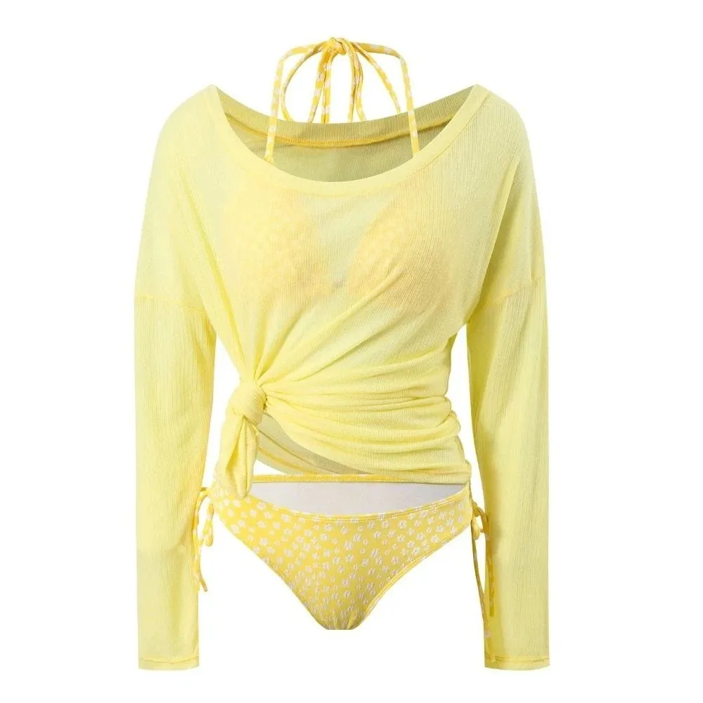 

Stylish Lace-up Women's Swimwear Set Beachwear Sun Protection Long Sleeve Swimsuit Mesh Transparent Loose Bathing Suit Party