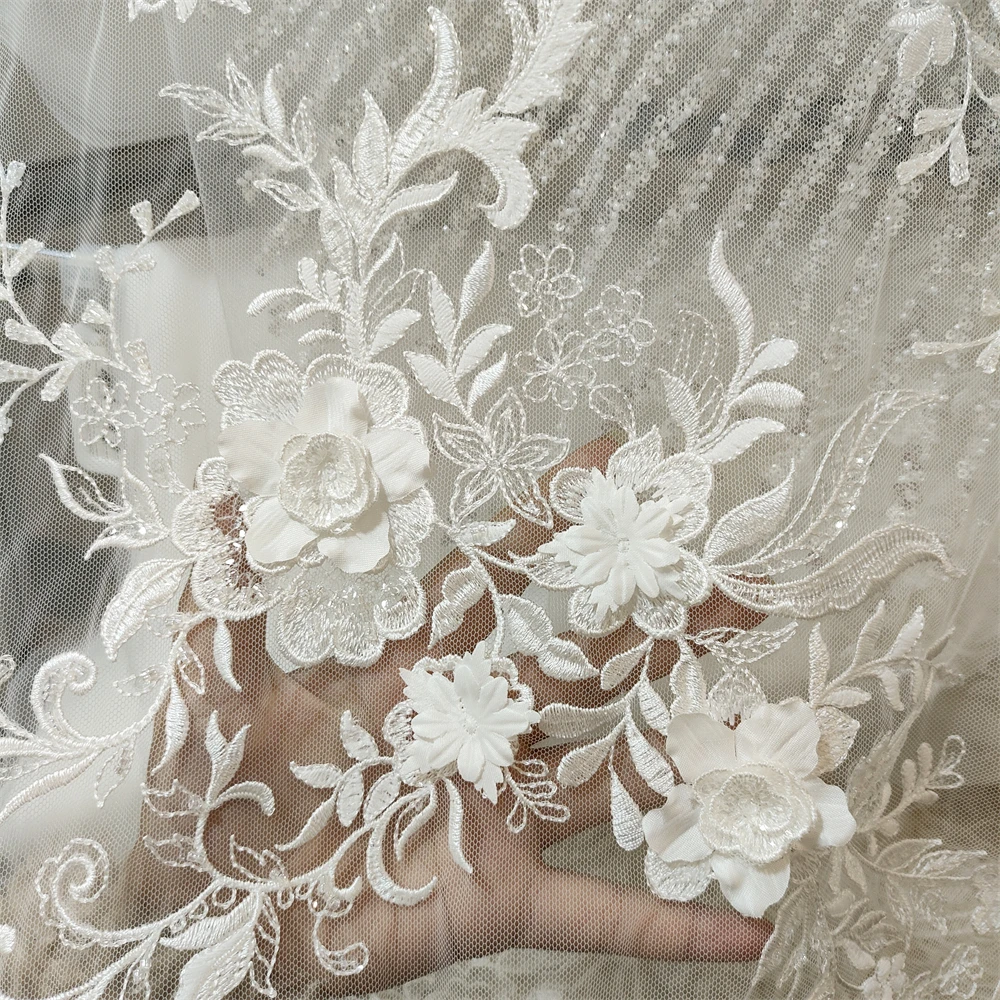 1Yard 3d flower Fabric 3d wedding  Off white fabric 2024 New Tulle Mesh Fabric Flower embroidered lace fabric Sewing Fabric