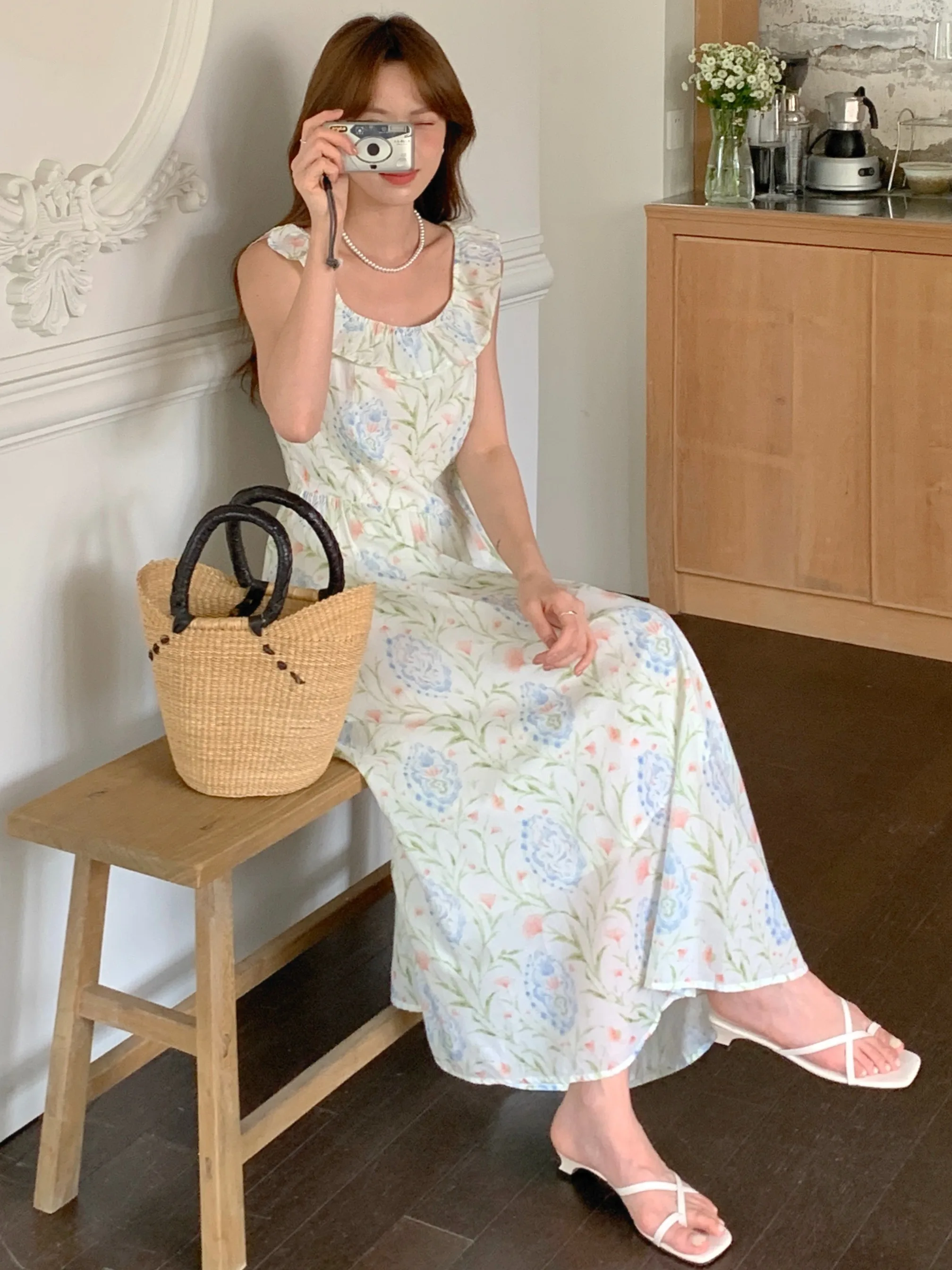 

Summer New Gentle Fre Lotus Le Floral Vest Dr Women's Sle Square Collar Svel Long Skirt Commute Single Piece