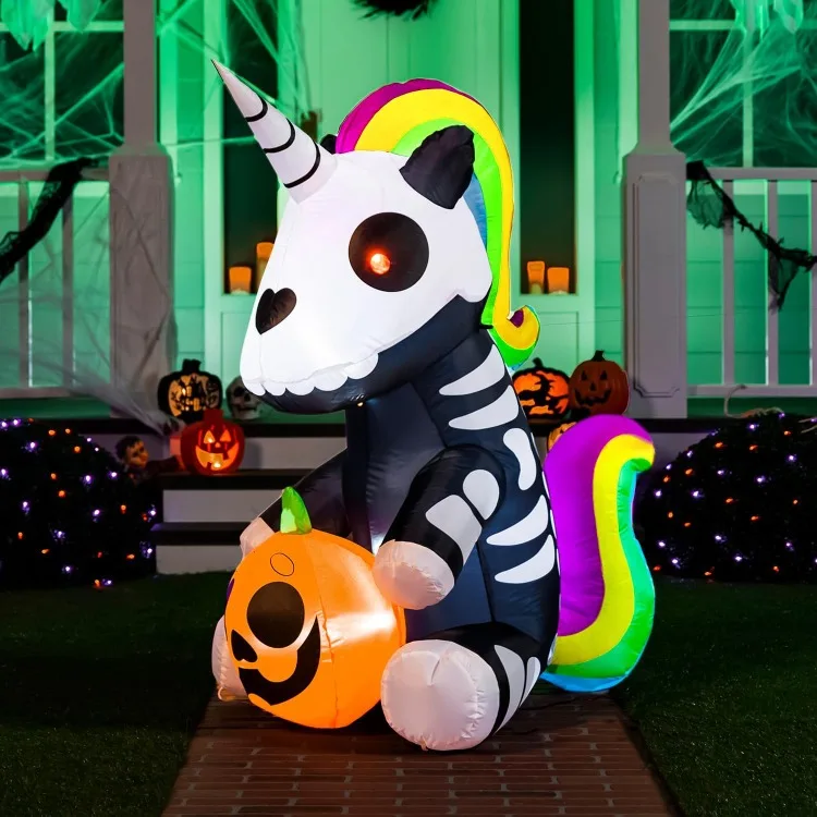 

5 FT Halloween Inflatables Skeleton Halloween Decor Outdoor, Halloween Blow Up Decorations Sitting Skeleton Unicorn