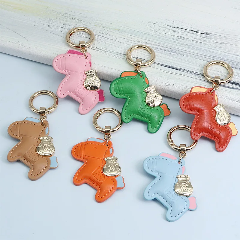 New Creative Handmade Leather Pink Instant Money Pony Car Keychain Cartoon Rocking Horse Bag Pendant Cut Keychain