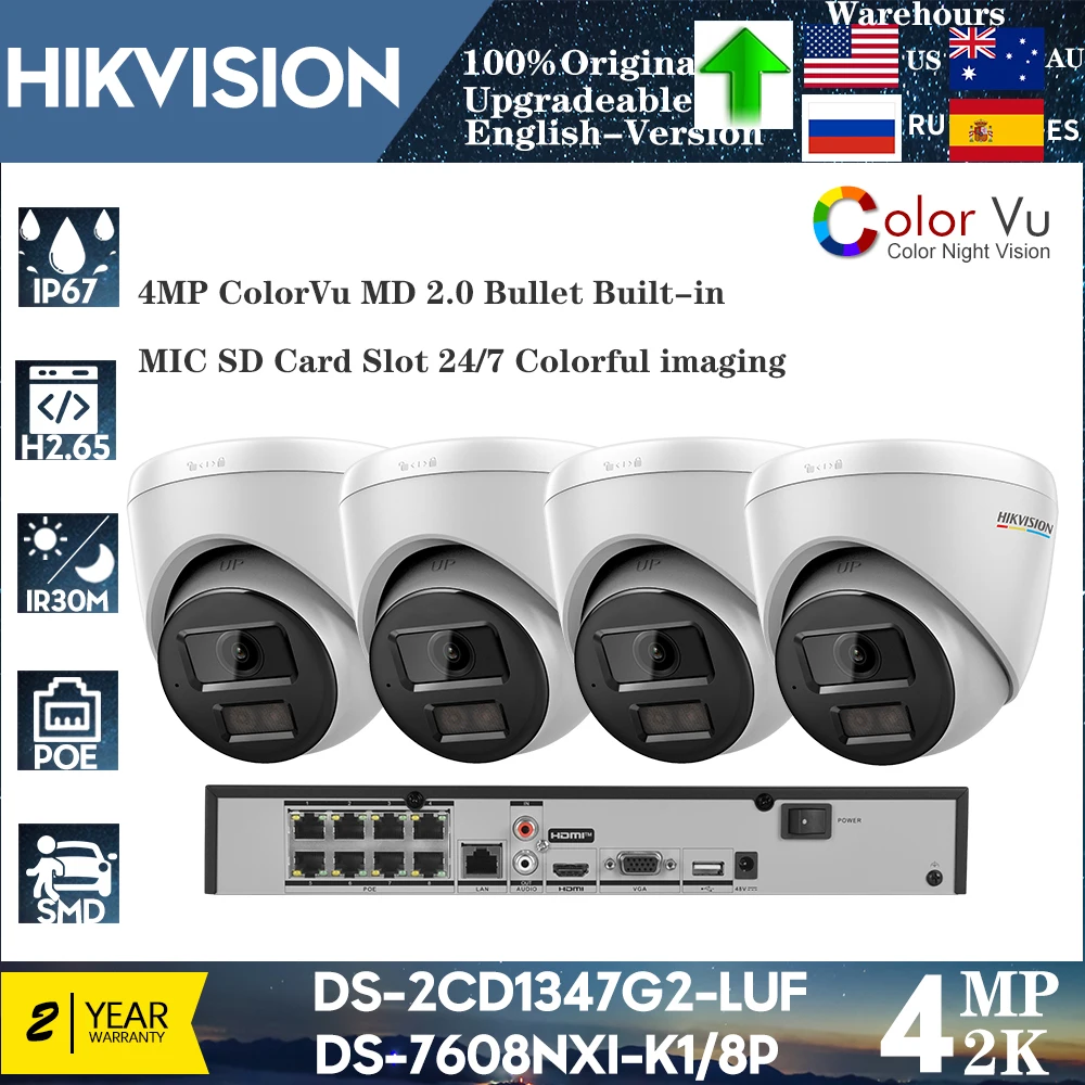 Original Hikvision 4PCS DS-2CD1347G2-LUF ColorVu Turret IP Camera Mic SD Card DS-7608NXI-K1-8P 8POE Network Vedio Recorder KITS