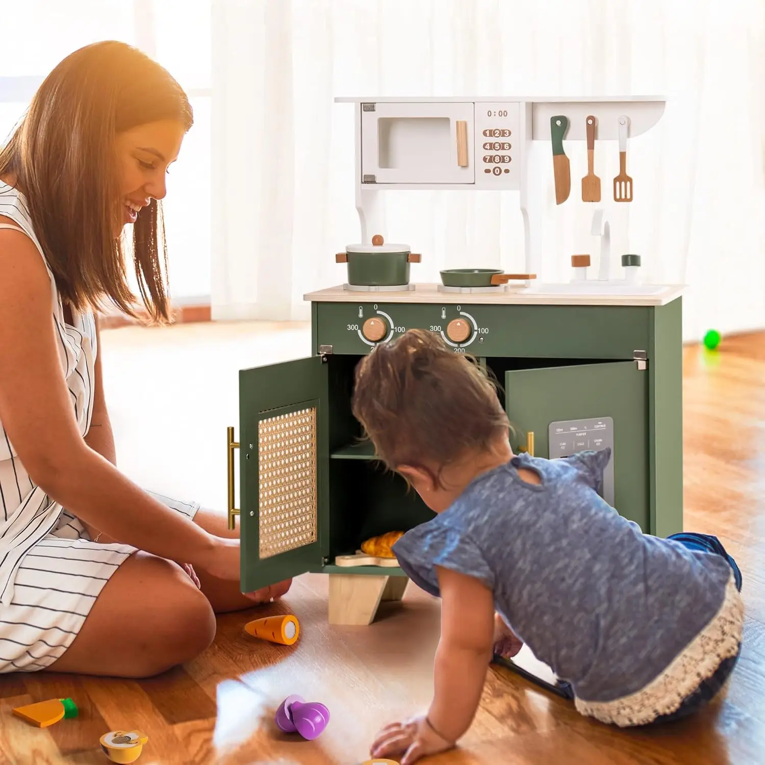 Robotime Robud Spielzeugküche mit Zubehör, Kinderspielküche, Holzspielzeug, vorgeben, Küchengeschenke für 3+ Mädchen, Jungen, Geburtstagsgeschenk