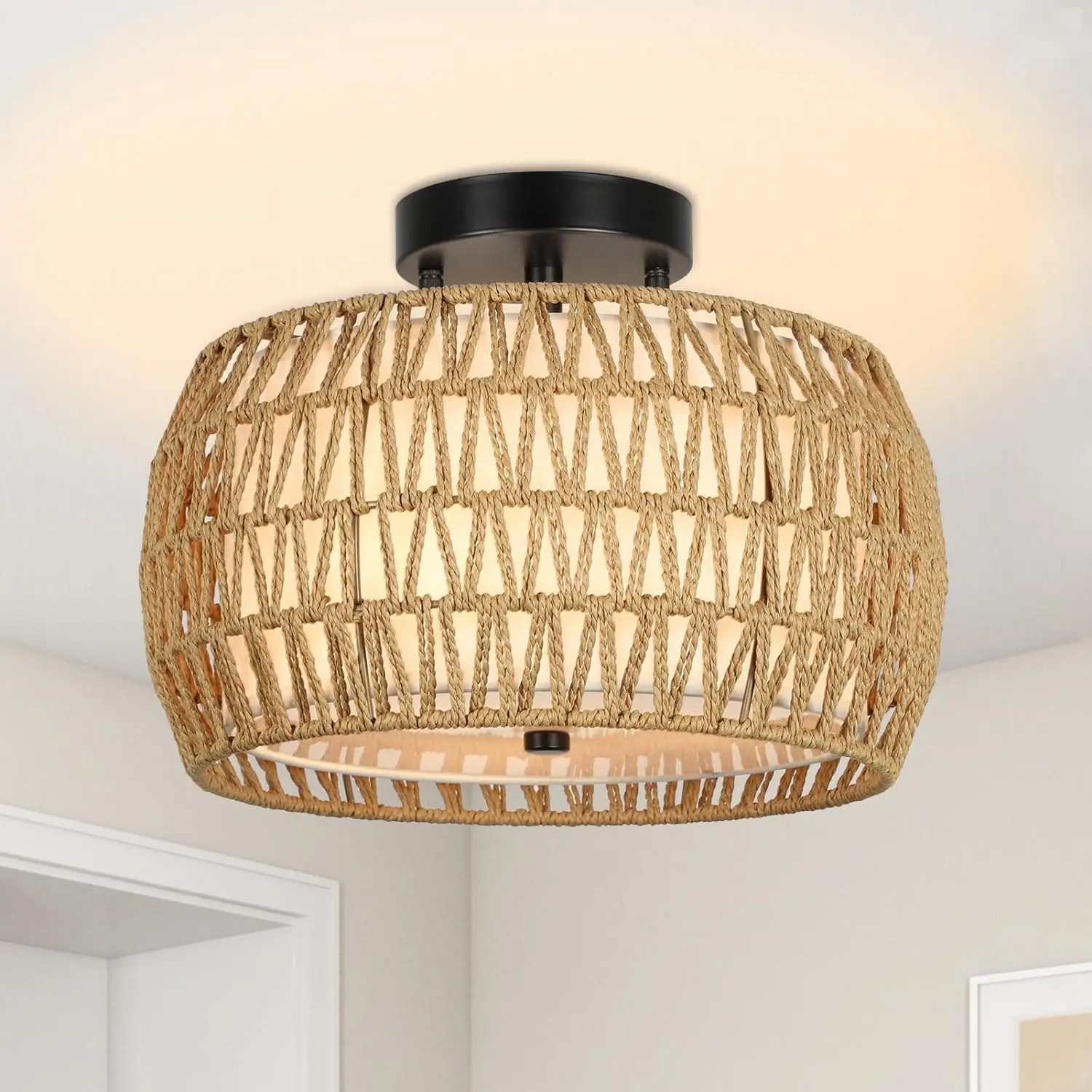 

Bohemian style ceiling lamp, farmhouse style rattan lamp semi-recessed suitable for living room, bedroom and corridor.