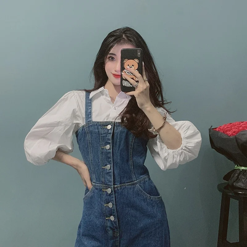 

High Waist Straight Leg Denim Overalls Korean Sle Elastic Ba Wide Leg Floor Length Pants Slimming Effect Casual Wear