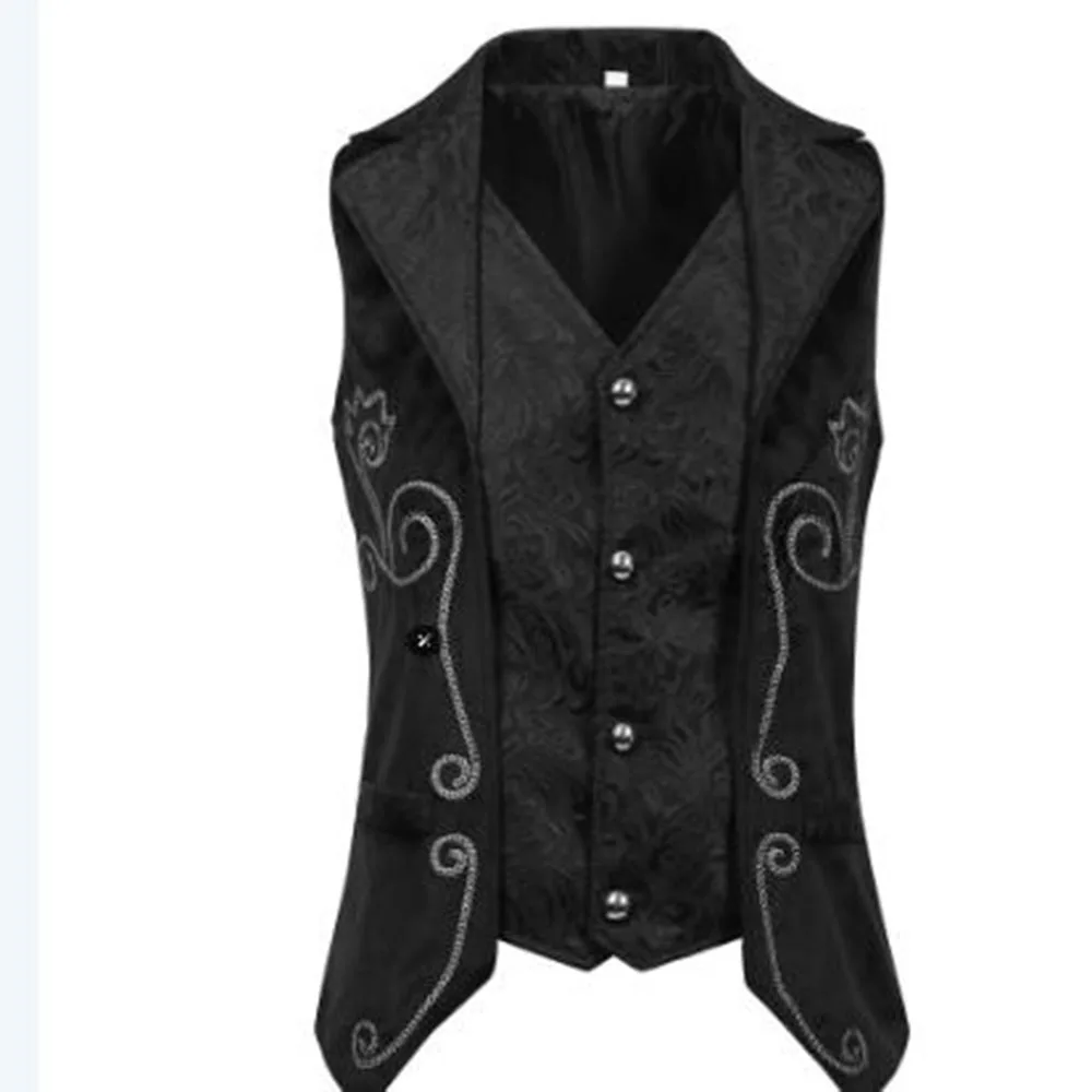 Men Retro Gothic Jacquard Vest Men's Hosting Dress With Velvet Patchwork Embroidery Flower Horse Clip Fake Two Coats