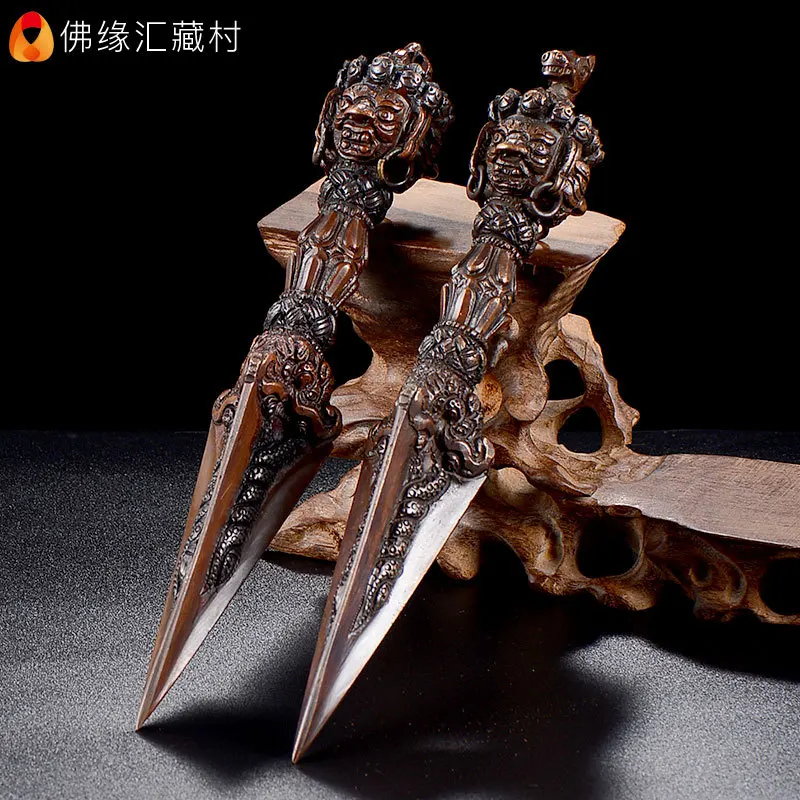 Vajra mace, a three-sided Vajra with five prongs, Nepalese handcrafted, antique copper, horse-head Vajra